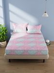 Bianca Serina 100% Cotton Double Bedsheet with 2 Pillow Covers Set | Queen Size Bedsheet – 90 x 100 in, 224 x 254 cm | 144 TC | Geometric-Teal/Pink