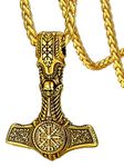 FaithHeart Viking Hammer Necklace Gold Plated Thor's Hammer Jewellery Nordic Compass Talisman Pendant Stainless Steel Chain 22"+2" inches