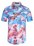 uxcell Men's Summer Floral Print Short Sleeve Button Down Beach Hawaiian Casual Shirt Blue Pink 50