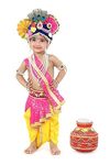 Raj Fancy Dresses Krishna Dress for Kids, Baby Krishna Dress for Janmashtami with Krishna Mukut, Peacock Feather & Flute Embroidered Krishna Costume for Girl & Boy,1 Year New Pink Special Pagri