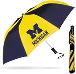 Storm Duds Ultra-Water Resistant Sport Umbrella - University of Michigan Two Tone Blue and Maize - 48” Coverage w/Push Button Automatic Open - Flexible, Wind & Rust Resistant Folds to 17 Inches