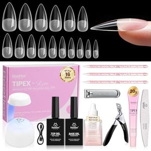 Beetles Tipex Lite Nail Tips Kit with Nail Glue Remover, Medium Stiletto Full Cover Clear Nails 192 PCS 16 Sizes, Mini UV Lamp, 20g Solid Nail Glue, Base & Top Coat, All-in-One Nail Starter Kit