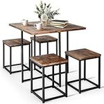 COSTWAY 5 Piece Dining Table Set, Counter Kitchen Table and Chair Set for 4 Includes 1 Square Table and 4 Stools, Space-Saving Pub Dining Set for Living Room, Breakfast Nook, Coffee Shop (Brown)