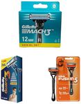 Gillette Mach 3 Manual Shaving Razor Blades (Cartridge) 12s pack & Guard 3 Single Razor with 8 Blades Pack & Fusion Manual Razor for Men for Perfect Shave and Perfect Beard Shape