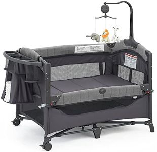 QUTANIX Baby Bedside Bassinet Sleeper,5-in-1 Pack and Play with Full-Size Bassinet,Baby Playard with Changing Table,Storage Shelf,Music Mobile with Soft Toys for Newborn to Toddlers (Grey)