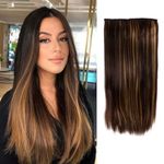 PELO Hair Extensions And Wigs Women's | Hair Extensions for Women and Girls Wedding use (Brown Golden Highlight) (Straight 5 Clip Hair Extension Golden Brown)