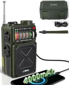 Emgykit R11 Emergency Crank Radio - 4000mAh/14800mWh NOAA/SW/AM/FM, Solar/Hand Crank/USB Charging, Bluetooth Receiver/USB/TF Playback,with Compass,Flashlight,SOS for Camping & Emergencies - Green