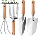 Garden Tool Set with Wood Handle, Aluminum Graduated Shovel, Garden Rake, Hand Fork, Transplant Shovel with Scale, 4Pcs Heavy Duty Hand Tools Set for Garden Planting