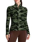 QUEENIEKE Workout Jackets for Women Full Zip Slim Fit Athletic Running Jacket with Thumb Holes (Army Green Camo, M)