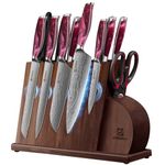 Piklohas 14 Pieces Knife Set for Kitchen with Magnetic Holder, Ultra Sharp Durable German Stainless Steel Damascus Pattern, One-Piece Ergonomic Handle, Elegant Red Flowing Cloud Design