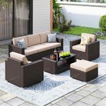 DEVOKO Sera Outdoor 5 Piece HDPE Wicker Conversation Sofa Set with All Weather Water-Resistant Cushions, Glass Top Table & Ottoman for Garden, Poolside, Backyard(Dark Brown & Cream)