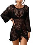 Bsubseach Crochet Knit Coverups for Women Hollow Out Bathing Suit Cover Up Dress See Through Mesh Beach Swimwear Black