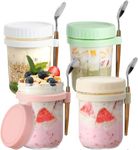 VITEVER 4 Pack Overnight Oats Jars, Overnight Oats Container with Lid and Spoon, 10 oz Cereal, Milk, Vegetable and Fruit Salad Storage Container with Measurement Marks（Pink，Yellow，White，Green）