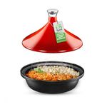 NutriChef Cast Iron Moroccan Tagine - 2.75 Quart Tajine Cooking Pot with Stainless Steel Knob, Enameled Base, Cone-Shaped Enameled Lid - Oven and Dishwasher safe - Good for Baking and Frying ​(Red)