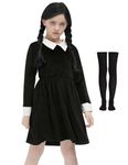 BesserBay Girl Halloween Long Sleeve Vintage Peter Pan Collar Midi Dress Folded Cuffs Skater Pleated Outfit 5-6 Years Night Black