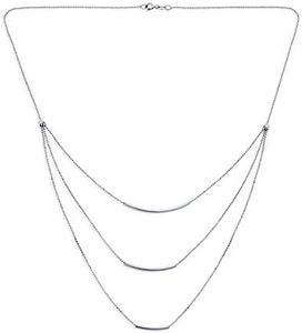 Layered Multi Three Strand Chain Curved Bar Necklace For Women .925 Sterling Silver