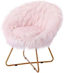 BIRDROCK HOME White Faux Fur Chair with Pale Gold Legs for Dorm Room, Teens Bedroom - Fuzzy Papasan Chair - Comfy Wide Cushion Seat - Accent Chair - Moon Chair - Metal - Fluffy Round Seat - Pink