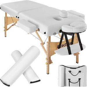 TecTake® Lettino Massaggio a 2 Zone con Rulli, Lettino Massaggio Portatile con Imbottitura 7,5 cm, Lettino Pieghevole con Braccioli, Poggiatesta Ergonomico, Poggiabraccio, Borsa Inclusa - Bianco