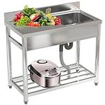 FIDOOVIVIA Commercial Restaurant Sink, Stainless Steel Restaurant Kitchen Sink with Storage Shelf, Catering Sink with Drain & Backsplash, Garage Sink for Restaurant Kitchen Hotel 100x50x80cm(No Tap)