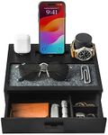 Holme & Hadfield Premium Wooden Phone Docking Station with Drawer – Nightstand Organizer for Charging Phone & Earbuds – Declutter Your Space with Felt-Lined Protection & Watch Pillar – Gift for Men