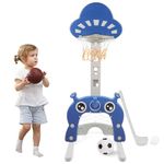 Basketball Hoop Stand Set for Kids 5 in 1 Sports Activity Center Adjustable Height from 45'' to 60'' Easy Score Basketball Football Golf Ring Toss Game Indoor Outdoor for Toddlers Boys Girls (Blue)