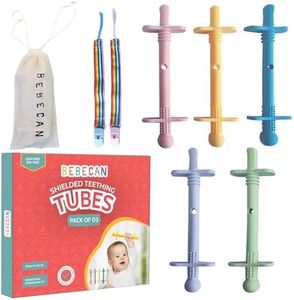 Bebecan Shielded Teething Tubes – Baby Teething Relief 0-36 Months, Anti-Choking Design, Clip-Attachable, BPA-Free Silicone, 5 Soft Tubes + 2 Teether Clips + 2 Brushes + Storage Bag