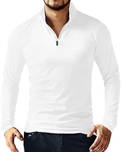YTD Men's Classic Zip Up Long Sleeve Polo Shirts Casual Slim Fit Tops Basic Designed Cotton Shirts M White
