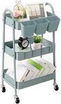 danpinera 3-Tier Rolling Cart, Utility Cart Mobile Metal Rolling Storage Cart with Lockable Wheels & Hanging Cups & Hooks for Kitchen, Bathroom, Office, Workshop, Gray Blue