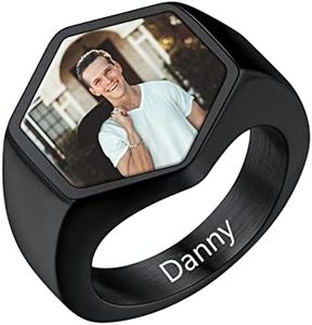 U7 Ring with Picture Black Metal Plated Polished Band Creative Photo Customized Hexagon Signet Ring for Husband Dad, Size 13