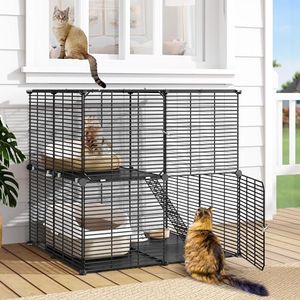 DWVO 2 Tier Indoor Cat Enclosure, DIY Kitten Cage Pet Playpen Metal Kennel for 1-2 Cats Kitty Ferret Chinchilla Rabbit Squirrel Small Animals