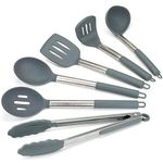 Lantana Premium 6pc Silicone Kitchen Utensil Set for Cooking. Sleek Grey and Brushed Stainless Steel. Includes; Tongs, Serving Spoon, Slotted Spoon & Turner, Ladle, Potato Masher