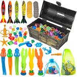 FINGUARD Pool Toys, 58Pcs Diving Toys, Exquisite Dive Toys with Pool Treasure Chest, Pool Torpedoes, Diamonds, Dive Gems, Seaweeds, Pirate Treasures, Octopus, Kids Gift for Age 3+ (Bronze)