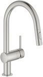 GROHE Minta – One Lever Kitchen Mixer Tap with Pull-Out Shower Head (2 Spray Options, High C-Spout, 360° Swivel Range, 46 mm Ceramic Cartridge, Easy to Install), Size 379 mm, Supersteel, 32321DC2