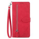 NEXCURIO Zip Wallet Case Compatible with Apple iPhone 14 Plus Phone Case Wallet with Credit Card Holder Strap Stand Women Leather Flip Case Floral Folding Cover Shockproof - Red