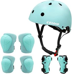 CELOID Kids Helmet Pad Set,Adjustable Kids Skateboard Bike Helmet Knee & Elbow Pads Wrist Guards 5-8-9 Years Kids,Protective Gear Set for Girls Boys Bicycle Roller Sport,Light-blue