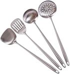 17inch Wok Spatula and Ladle, Skimmer Spoon, Slotted Spatula - 304 Stainless Steel Kitchen Utensils Set, 4-Pieces All Metal Extra Long Handle Cooking Tools, Chinese Wok Utensils and Wok Accessories