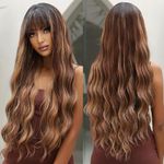 OUFEI Ombre Brown Highlight Wigs for Women Long Wavy Wig with Bangs Natural Synthetic Hair Heat Resistant Wigs for Daily Party Cosplay Wear