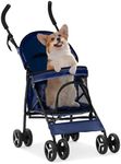 MoNiBloom 4 Wheels Pet Stroller, Easy-Fold Puppy Cage Jogger Stroller with Sun Cover, Pad and Rear Storage Bag, Breathable and Visible Mesh for Small/Medium Pets up to 22 lbs, Navy Blue