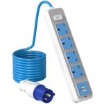 Camping Electric Hook Up Cable, 4 Way Gang Extension Lead with 2 USB, 5M Camping Cable Plug with Switch, 13A Plug to 16A 3 Pin Mains Socket Power for Camping, Caravan, Home, Tent, Blue(3 x 1. 5mm²)