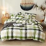 DONEUS 100% Washed Cotton Duvet Cover Queen Size - Green White Plaid Duvet Cover for All Seasons - 3 Pieces Linen Like Soft Comfy Duvet Cover Set with 2 Pillow Shams (Green, Queen, 90"x90")