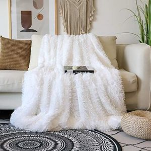 Tuddrom Decorative Extra Soft Faux Fur Blanket Queen Size 80"x90",Solid Reversible Fuzzy Long Hair Shaggy Blanket,Fluffy Plush Fleece Comfy Microfiber Fur Blanket for Couch Sofa Bed,Pure White