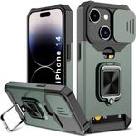 LuxuryKase Shockproof Armor Case for iPhone 14 | Slide Camera Cover | Hidden Card Slot | Rotating Ring Kickstand | Magnetic Car Mount Support | Military Grade Protection – Green