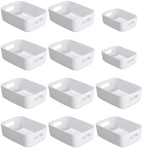 Nuangoo Panier de rangement en plastique,Lot de 12 paniers de rangement empilables avec poignées pour Cuisine,Placard,Bureau (Blanc)