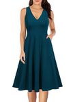 WOOSEA Women's Sleeveless V Neck Vintage Pockets Swing Business Church Dress, Teal Color, L