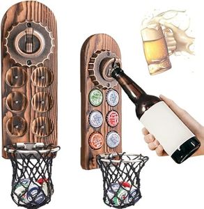 Magnetic Bottle Openers with Netting Catcher, Wall Mounted Wooden Beer Bottle Opener, Traceless Corkscrew, Home Bar Accessories for Kitchen, Outdoor, Ideal Beer Gifts for Men (Style 6)