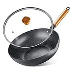 N++A Nonstick Wok Pan 30cm Induction, 100% PFOA-Free Granite Coating Stir Fry Pan with Lid, Deep Frying Pot with Removable Wooden Handle, Granite Black