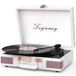 Trynnay Record Player 3 Speed Bluetooth Portable Suitcase Vinyl Player with Built-in Speakers Turntable Enhanced Audio Sound Waxed Leather Vintage White