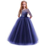 IWEMEK Flower Girls 3/4 Sleeve Floral Lace Tulle First Communion Pageant Dresses Kids Big Girls Princess Birthday Carnival Christmas Bridesmaid Wedding Party Prom Ball Gown Navy Blue 7-8 Years