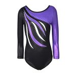 MORESAVE Gymnastics Leotards for Girls Long Sleeve Sparkle Leotards Shiny Embroidery Leotard Athletic Ballet Dance Bodysuit Clothes One Piece Practice Unitards Jumpsuit(Purple, 7-8 Years)