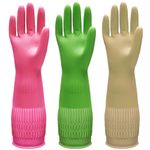 Bamllum 3 Pairs of Rubber Dishwashing Gloves for Kitchen and Household Cleaning – Long, Reusable, Durable, and Waterproof (Red+Yellow+Green, Large)